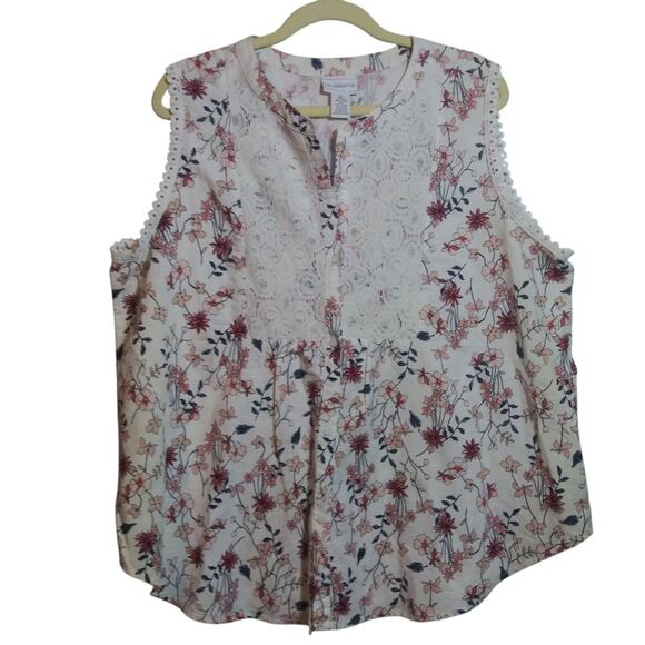 Liz Claiborne Tops - Liz Claiborne Linen Natural Sleeveless Button Up Floral Cottagecore Top Size XL